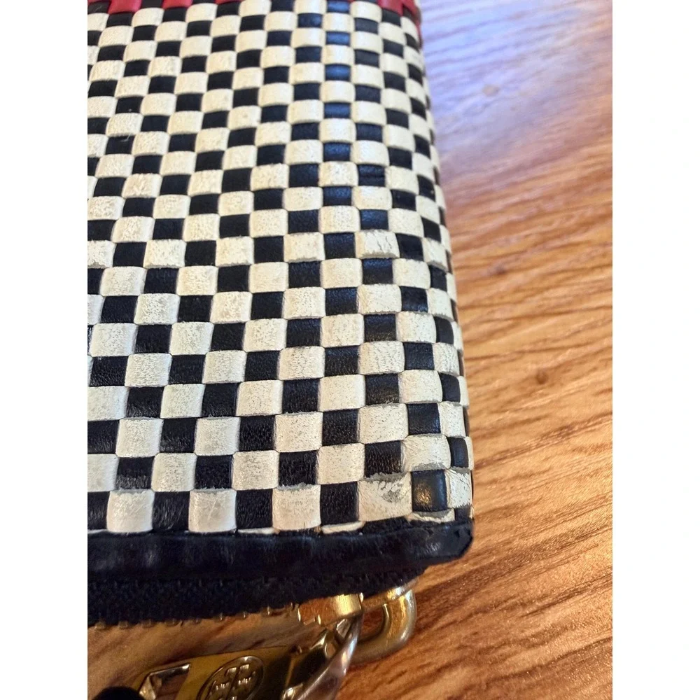 Tory Burch Woven Leather Checkerboard Zip Continental Wallet Navy White OS